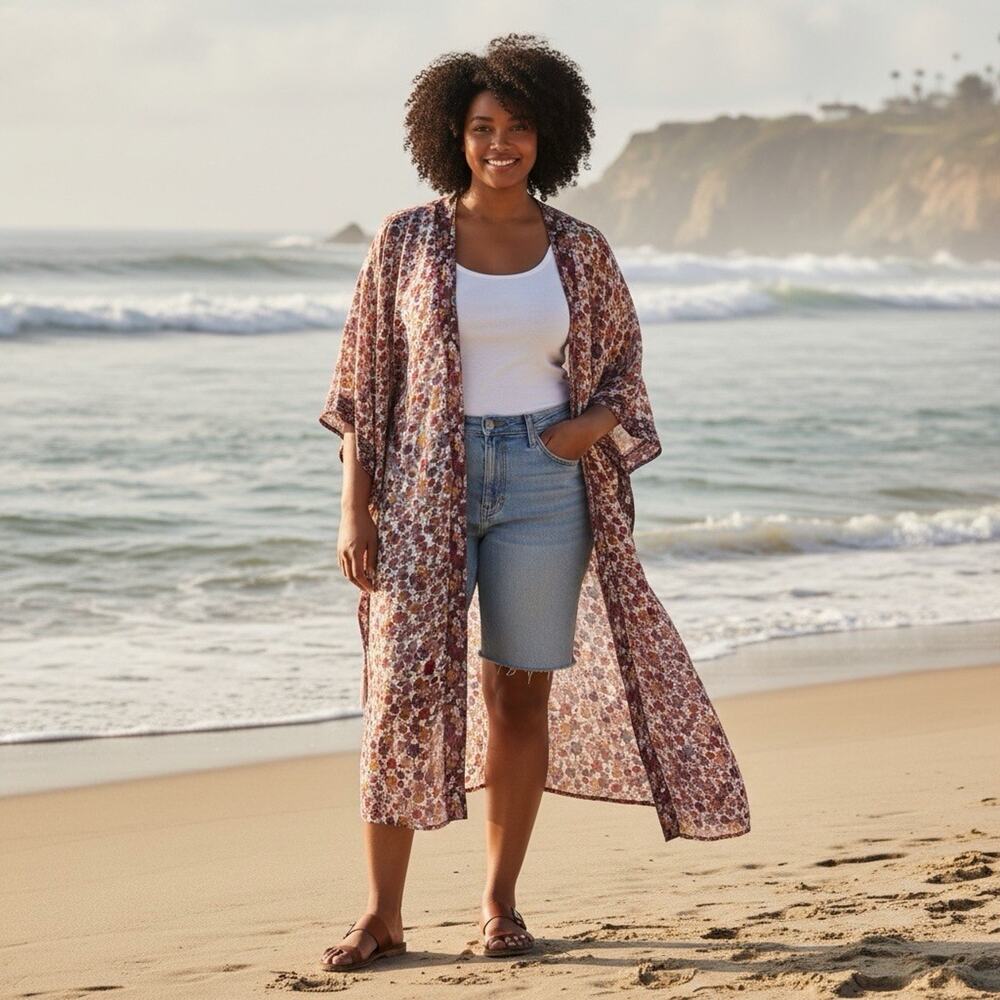 Boho Floral Kimono XL XXL Sheer Duster Open Front Knox Rose Tassel Cover Up